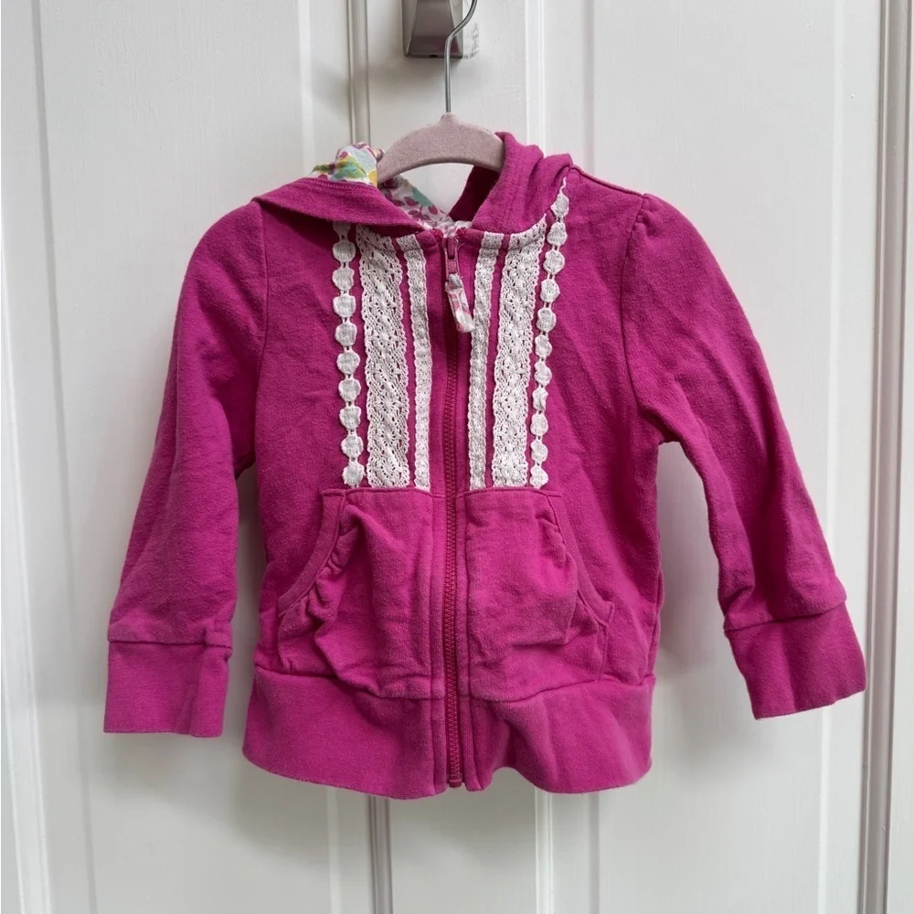 OshKosh B'gosh 2T Gitls Pink and White Lace Trim Zip Up Hoodie Jacket